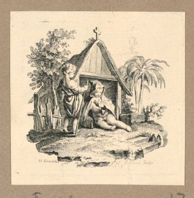 Two Figures in Front of Structure with Cross by Gravelot