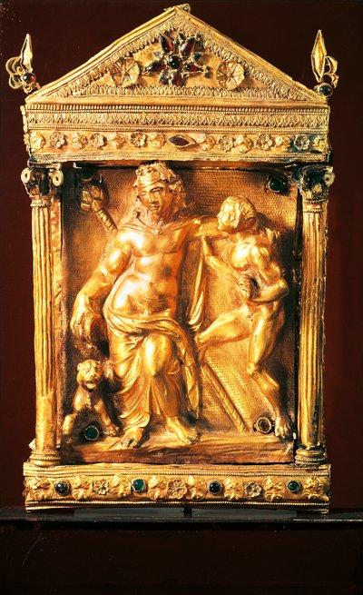 Naiskos with Dionysus inebriated and satyr, small Hellenistic style temple with garnets and emeralds from Thessaly by Greek