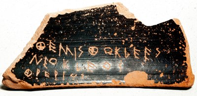 Ostrakon (or ostracon), pottery shards serving as ballots during ostracism procedures in Ancient Greece. 480 BC Athens. Agora museum. by Greek