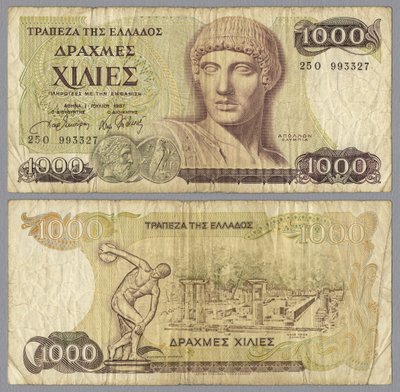 A one thousand Greek drachma banknote, 1987 by Greek School