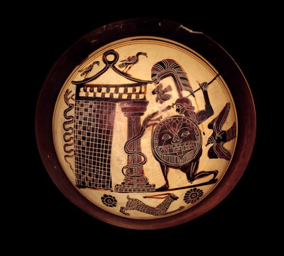 Laconian Cup with Black Figures Representing Cadmos Fighting the Dragon of Thebes or Apollo and the Snake Python by Greek School