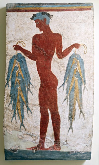 Greek civilization, fresco depicting fisherman, from Akrotiri, Thera, Santorini, Greece by Greek School