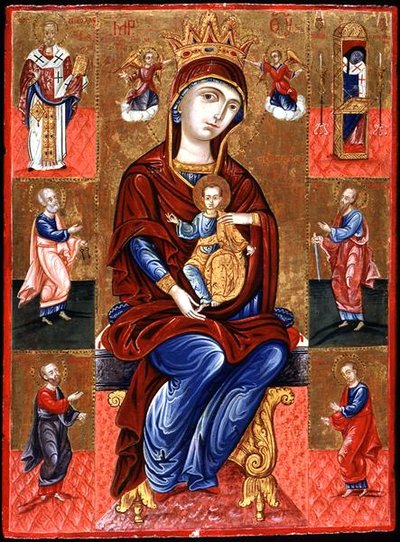Virgin of Skopiotisa Enthroned with Christ and Six Saints, c.1700 by Greek School