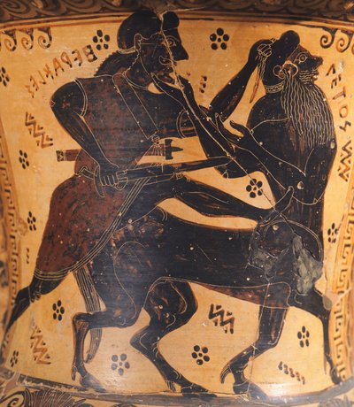 Amphora, attributed to painter of Nettos, black-figure pottery, Detail showing Hercules and centaur, Greek Civilization, 7th Century BC by Greek School
