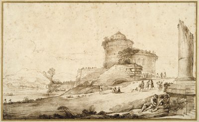 Landscape with a broken column, a castle and numerous figures in the foreground at the right by Guercino