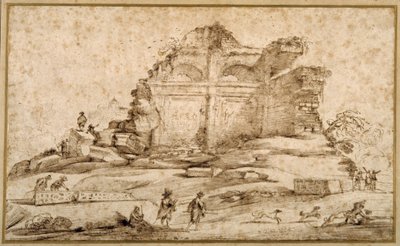 Landscape with classical ruins and a youth attacked by dogs by Guercino
