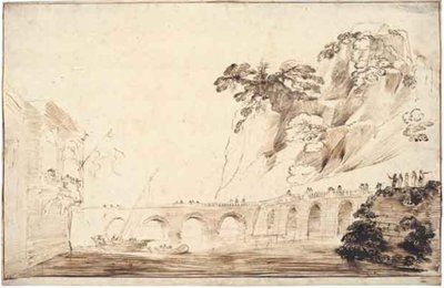 Landscape with a River Crossed by a Bridge, Lined with Spectators, Leading to a Building with an Overhanging Loggia with a Party of Onlookers by Guercino