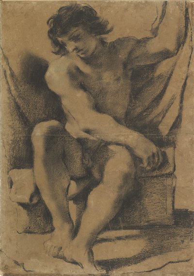Seated Nude Young Man in Nearly Frontal View, ca. 1618 by Guercino