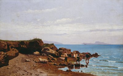 Fishermen on the Neapolitan coast, with the island of Capri in the background by Guglielmo Ciardi