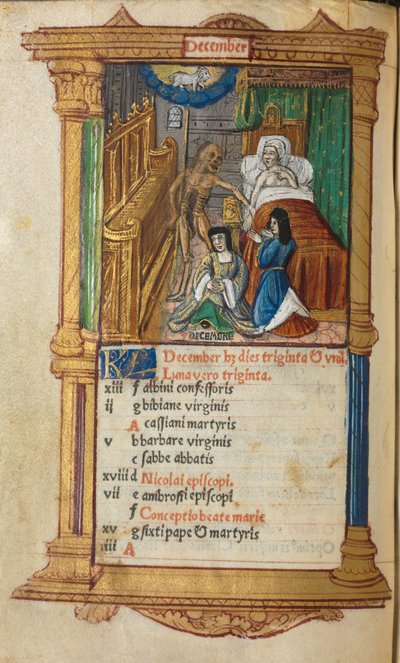 Printed Book of Hours Use of Rome: fol. 13v, December Calendar Page by Guillaume Le Rouge