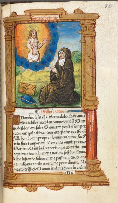Printed Book of Hours Use of Rome: fol. 90r, St. Bridget in Prayer before an Apparition of Christ by Guillaume Le Rouge