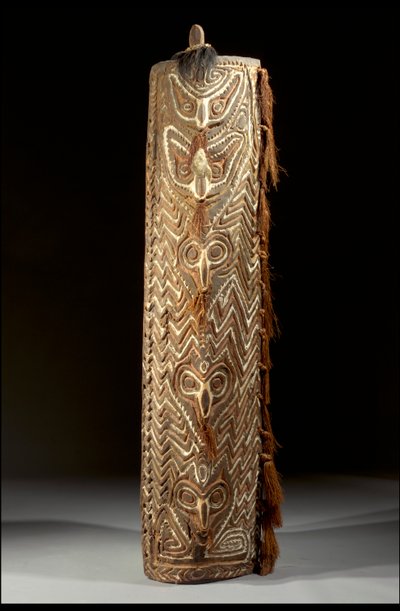 Curved rectangular Sepik shield, the front with central band of five masks, each with fibre in the pierced septum, within panel of carved zigzags by Guinean New