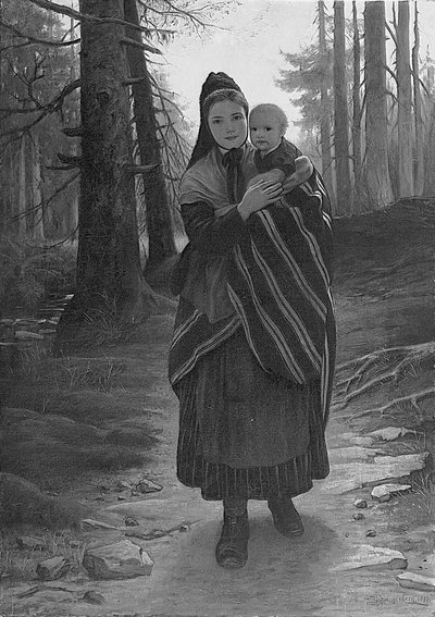 Mother and child on a wooded path by Gustav Adolph Spangenberg
