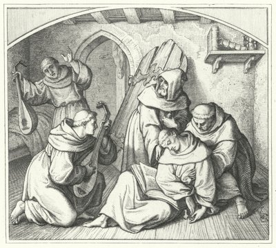 Martin Luther faints with a Bible in his hand and his friends bring him back to his senses by Gustav Ferdinand Leopold Konig