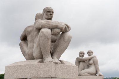 Granite Sculptures of Two Naked Men Sitting Back to Back; Sculpture of Two Women at Back in Frogner Park, Oslo, Norway by Gustav Vigeland