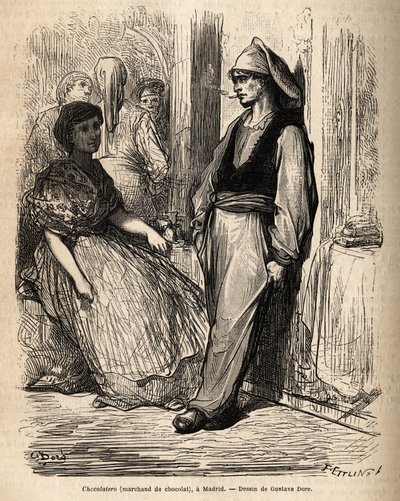 A chocolate dealer in the open air, sketch on the lively taken in Madrid. Engraving by Gustave Dore (1832-1883) to illustrate his trip to Spain, with Ch. Davillier (editor), in 1862, published in Le tour du monde 1869, edited by Edouard Charton, Hachette by Gustave Dore