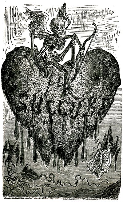 Chapter head illustration by Gustave Dore for the Drolatic Tales (1855) by Honore de Balzac: the succubus (vampire) - skeleton, death, heart, blood by Gustave Dore