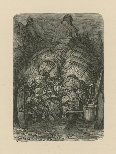 Children sitting on the back of a brewery delivery cart by Gustave Dore