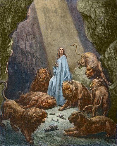Daniel in the Den of Lions (engraving by Gustave Dore - later colouring) by Gustave Dore