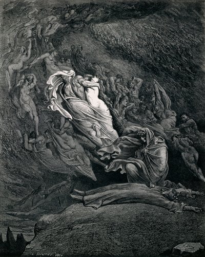 Dante and Virgil with Paolo and Francesca, Illustration to Inferno, Canto V of Divine Comedy by Gustave Dore