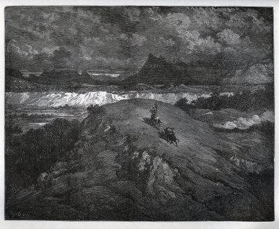 Don Quixote and Sancho Panza continuing their adventures in a mountainous region, Sierra Morena - from 