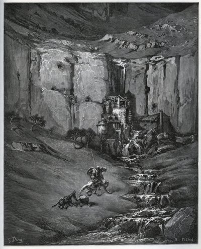 Don Quixote and Sancho Panza discover what caused their concern, a waterfall and a mill a foulon - from 