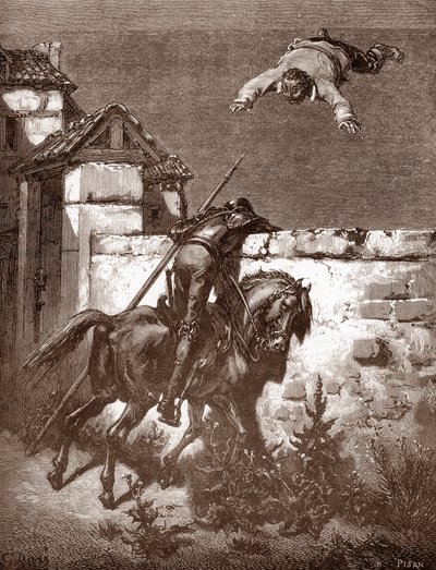 Don Quixote Fails to Stop the Launchers of Sancho Panza, Engraving by Gustave Dore for 
