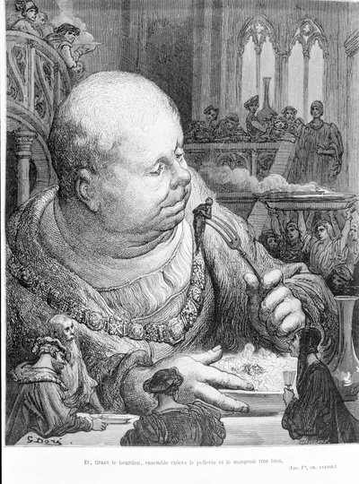 Extract from Gargantua (1534) by François Rabelais: And, pulling the bumblebee, together removed the pellerin and ate it very well. Engraving by Gustave Dore by Gustave Dore