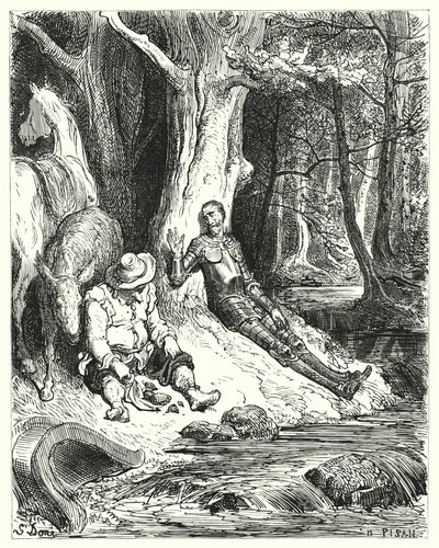 A clear fountain, which Don Quixote and Sancho found among some verdant trees, served to refresh them by Gustave Dore