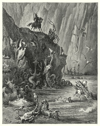 A vast lake of boiling pitch, in which an infinite multitude of fierce and terrible creatures are traversing backwards and forwards by Gustave Dore