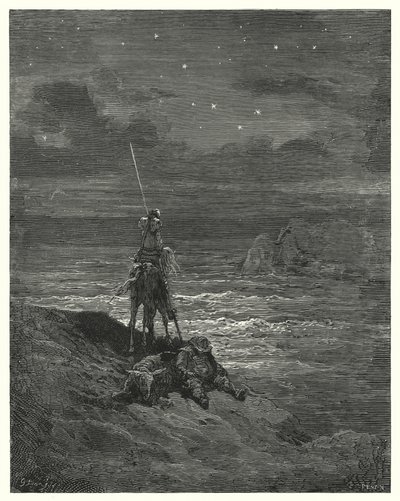 Don Quixote: "Don Quixote stayed there, waiting the approach of day" (engraving) by Gustave Dore