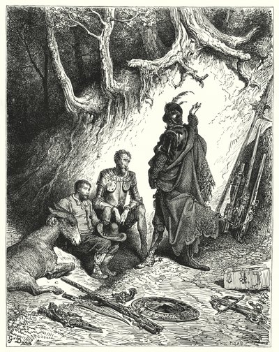 The squires left Don Quixote, Roque, and Sancho to await their return by Gustave Dore