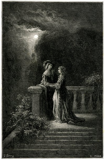 Sigognac and Isabelle: Lovers Finally United in the Moonlight. In the End Love Triumphs! Engraving by Gustave Dore Illustrating the Picaresque Novel of Cape and Epee by Theophile Gautier 