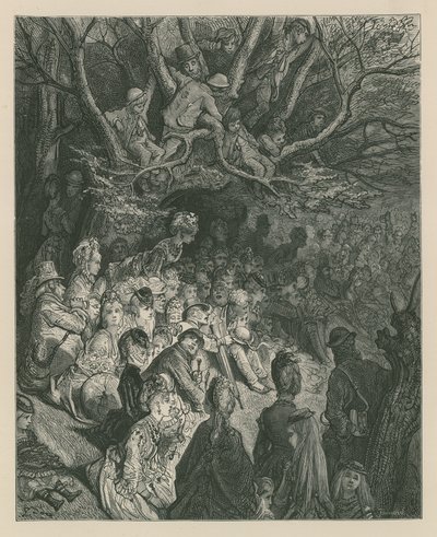Spectators watching a boat race from a riverbank by Gustave Dore