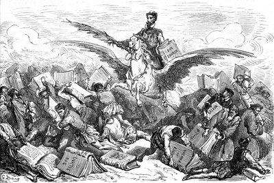 The writer Cervantes rides on a winged horse, his book 