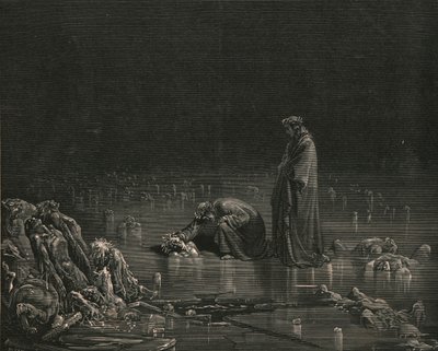Then seizing on his hinder scalp, I cried: Name thee, or not a hair shall tarry here by Gustave Dore