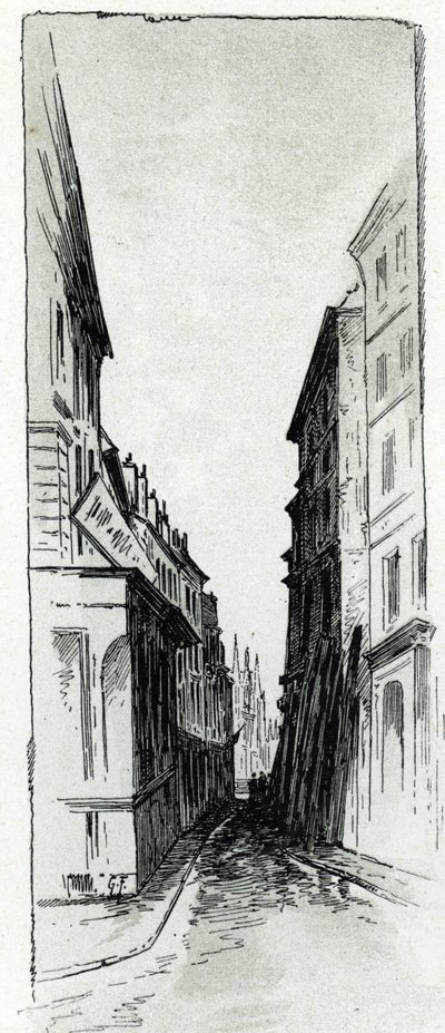 View of the Hotel Colbert street near Maubert square in Paris. Drawing by Gustave Fraipont from Saint-Juirs by Gustave Fraipont