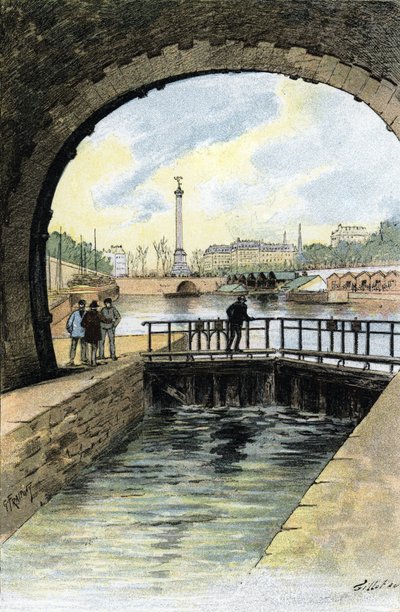 View of the lock of Canal Saint Martin in Paris by Gustave Fraipont