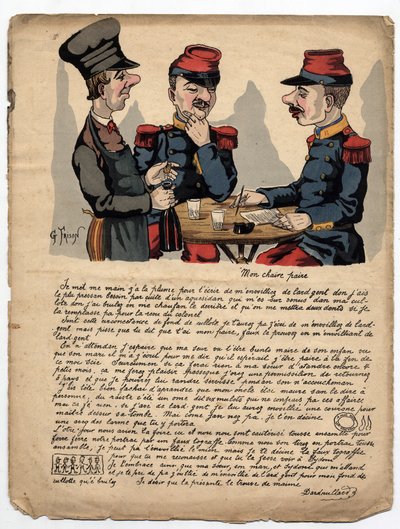 An absurd letter from a soldier written to his father, with spelling errors and grammar errors, about money and family. Drawing by Gustave Frison in 