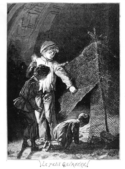 Gavroche and His Two Brothers in the Bastille Elephant, illustration from Les Miserables by Victor Hugo, c. 1885 by Gustave after Brion