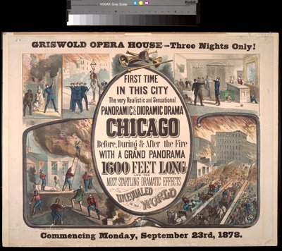Advertisement for a panoramic and dioramic drama about the Chicago Fire of 1871 at Griswold Opera House, 1878 by H.A. Thomas