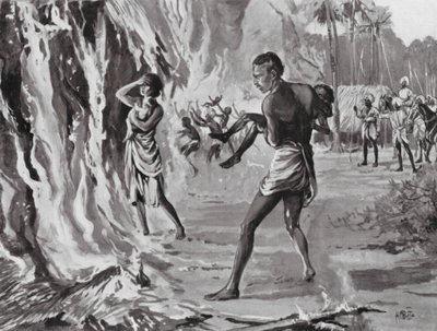 Villagers burning Themselves to avoid the Pindharis by H. M. (after) Burton