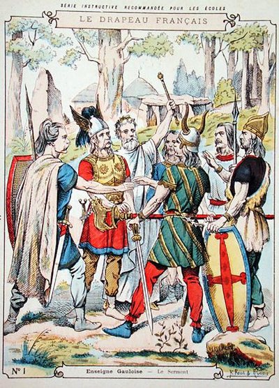 Gaulish warriors swearing an oath, from a protective sleeve for school books, late 19th century by H. and Louis R. Feist