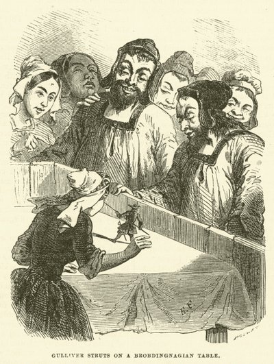 Gulliver struts on a Brobdingnagian table (engraving) by after Hablot Knight Browne