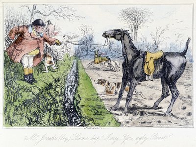 Horseback Hunting Scene. English cartoon on fox hunting from the “adventures of Thomas Scott or Hawbuck Grange”, illustration by H.K. Browne and W.T. Maud. by Hablot Knight Browne