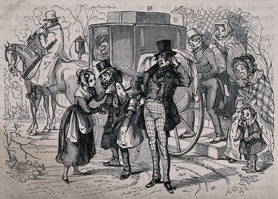 A young woman tends to a man who is looking ill, as people from the house climb into the carriage. Wood engraving by Gray after H.K. Browne. by Hablot Knight Browne