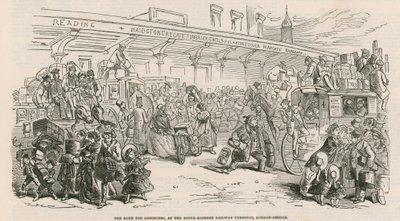 The Great Cab Strike: The Rush for Omnibuses, at the South-Eastern Railway Terminus, London Bridge by Hablot Knight Browne
