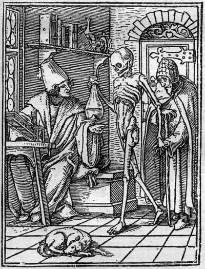 The Simulacra of the Death of Hans Holbein the Younger (1497-1543): The Doctor. Death comes between the doctor and his patient. Engraving by Hans (after) Holbein the Younger