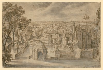 A Castle with Several Towers in a Wide Flat Landscape Between Ponds. A Round Garden Pavilion in the Middle of the Foreground. An Avenue on the Left by Hans Bol