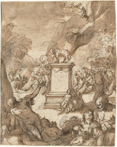 The Adoration of the Golden Calf by Hans I or Johann Rottenhammer
